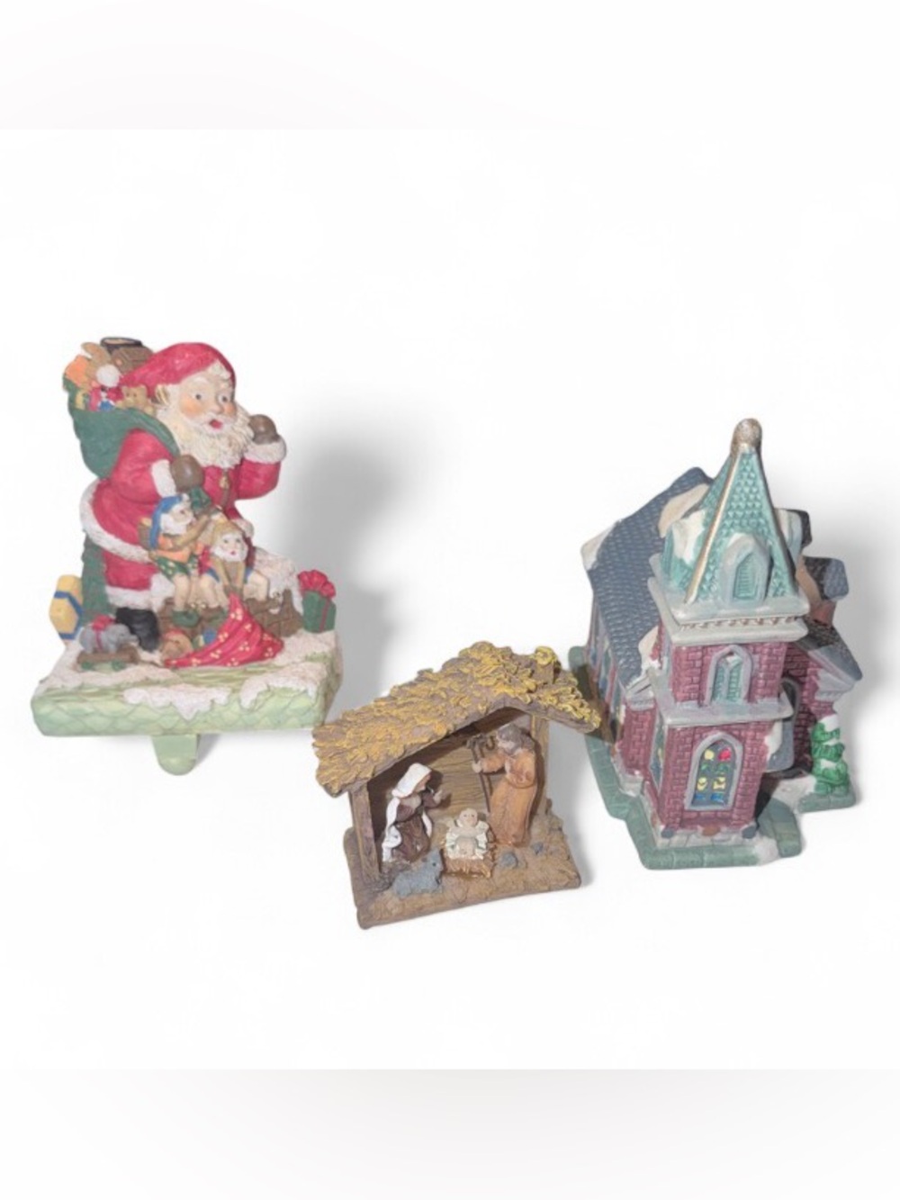 Vtg 2004 Cobblestone Corners Lighted Church Village Piece, Santa Stocking Holder